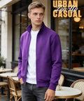 Mens Purple Full Zip Sweatshirt With Stand Collar No Hood Plush Fleece Lining Zip Up Cardigan Style Jacket With Pockets For Casual Daily Wear Active Golf Work Or Business XL