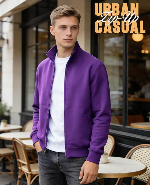 Mens Purple Full Zip Sweatshirt With Stand Collar No Hood Plush Fleece Lining Zip Up Cardigan Style Jacket With Pockets For Casual Daily Wear Active Golf Work Or Business XL