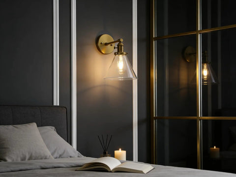 Antique Industrial Wall Sconce 1 Light With Cone Glass Shade Handblown Vintage Lampshade in bedroom, rustic charm decor