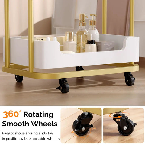 Salon Trolley Cart With Three Trays And One Drawer Mobile Hair Styling Station On Two Lockable Wheels Pro Grade Esthetician Cart For Beauty Spa And Barbershop Large White Storage Cabinet close-up of bottom tray on wheels
