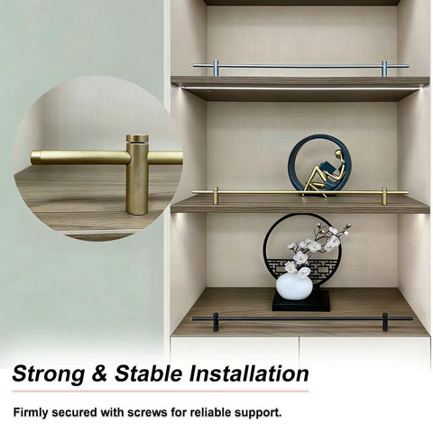 Straight Up Rock Solid Three Piece Metal Gallery Rails With Fresh Bronze Spindles And Heavy Duty Brackets For 22 Inch Replacement Shelf Guard Rods Tight Display Rack installation on display shelf with gray and bronze metal rods.