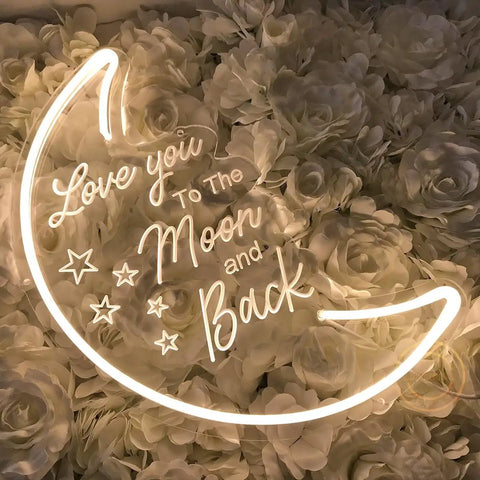 Moon Neon Light Sign With Love You To The Moon And Back 3D Art, 15.75 By 10.24 Inches over flower background