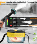 Upgraded Handheld Steam Cleaner 1.9Qt Big Tank Heats In Eight Seconds, showing adjustable handle and steam modes for deep cleaning.