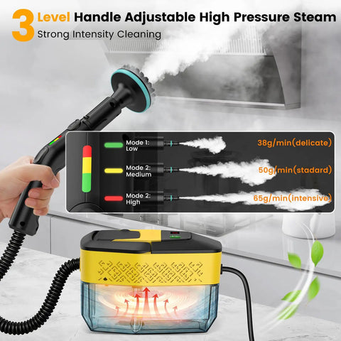 Upgraded Handheld Steam Cleaner 1.9Qt Big Tank Heats In Eight Seconds, showing adjustable handle and steam modes for deep cleaning.