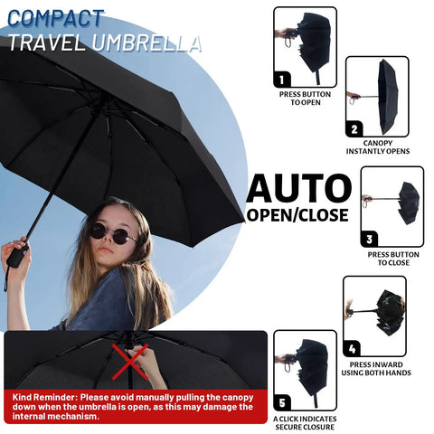 Compact Auto Travel Umbrella With Windproof Aluminum Frame Eight Fiberglass Ribs Inverted Flip Design UV Sun Protection Waterproof