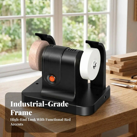 Solid Dual Wheel Bench Grinder And Compact Polishing Rig With Copper Motor Blade Sharpener Tool Honer shown on wooden surface in workspace.