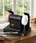 Knockout Bench Grinder With Versatile Polishing Wheel Copper Motor Eight Speeds Stable Platform For Blade Sharpening And Metal Finishing, seen from a side angle, on a wooden table.