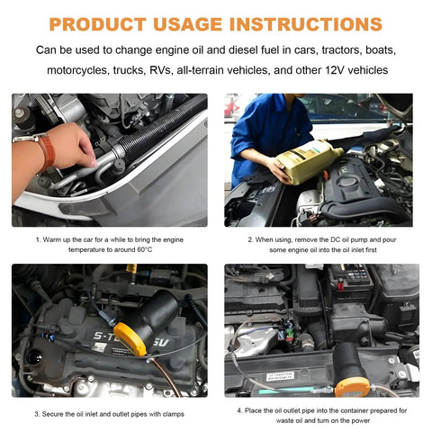 Rugged 12 Volt 60 Watt Electric Oil Extractor Pump With Flexible Suction Hose And Clamps demonstrating usage for engine fluid swaps.