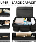 Open military grade rolling duffle bag showcasing large 120L capacity and multiple pockets filled with travel essentials for packing ease.