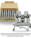 UK-2.5B Din Rail Wire Terminal Block 100Pcs set showing box and single grey insulated block with copper contacts