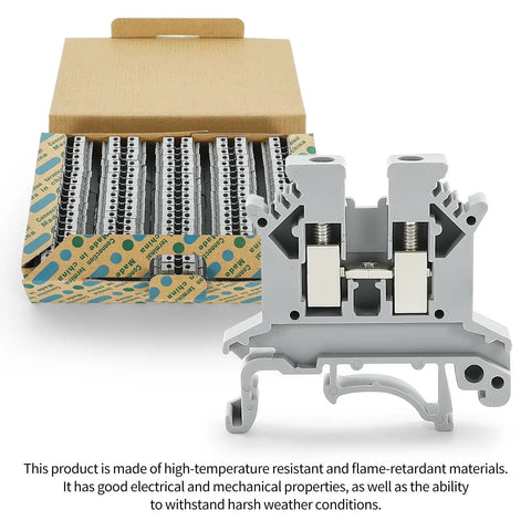 UK-2.5B Din Rail Wire Terminal Block 100Pcs set showing box and single grey insulated block with copper contacts