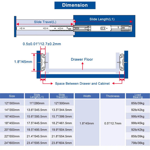 Diagram of 14-Inch Push To Open Drawer Slides With Screws, 100Lb Load Capacity, 3-Fold Full Extension, Side Mount, Ball Bearing Hardware.