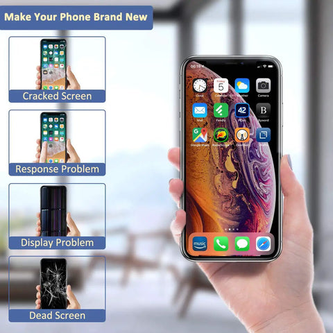 Hand holding iPhone 11 showing cracking issues for iPhone 11 Screen Swap Kit With Full HD LCD Display 6.1 Inch, 3D Touch Digitizer, Frame, Full Assembly, Repair Tools Included, Black, Compatible With A2111 A2223 A2221