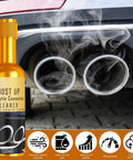 Close-up of catalytic converter cleaner bottle in front of car exhaust emitting smoke, illustrating 3 Pack Catalytic Converter Cleaner Kit For Gas And Diesel Cars, 120 ml Each, Engine And Exhaust System Cleaner Additive, Carbon Buildup Removal, Fuel System Treatment, Helps Start Easy, Smoother Idling, Boosts MPG, Emissions Reduction.