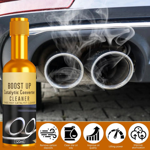 Close-up of catalytic converter cleaner bottle in front of car exhaust emitting smoke, illustrating 3 Pack Catalytic Converter Cleaner Kit For Gas And Diesel Cars, 120 ml Each, Engine And Exhaust System Cleaner Additive, Carbon Buildup Removal, Fuel System Treatment, Helps Start Easy, Smoother Idling, Boosts MPG, Emissions Reduction.