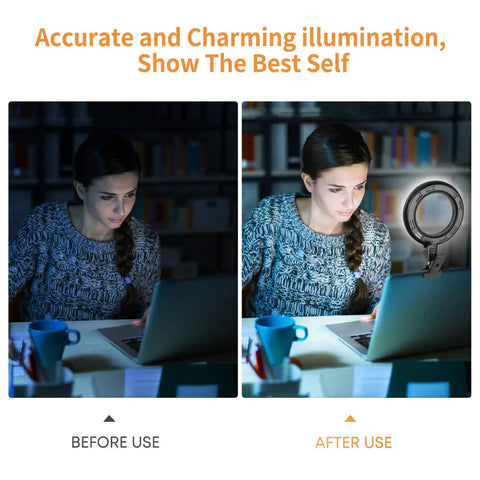 Clip On Ring Light For Laptops And Monitors With Five Color Temperatures And Five Brightness Levels For Webcams Zoom Meetings And Live Streaming Ideal For Remote Work Self Broadcasting And Video Calls comparison before and after use
