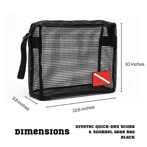 Mesh Dive Gear Bag For Snorkeling And Scuba Quick Dry Wet Gear Bag with drainage, black PVC tote, dimensions labeled