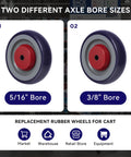 Smooth Rolling Five Inch Cart Wheels Replacement Kit Contains Five Sixteen Inch Axle Silent Rubber Caster Treads Built Tough To Crush Daily Hauls Effortless Glide On Busy Supermarket Floors Rock Solid Reliable Setup - Two rubber wheels with 5/16" and 3/8" bore sizes.