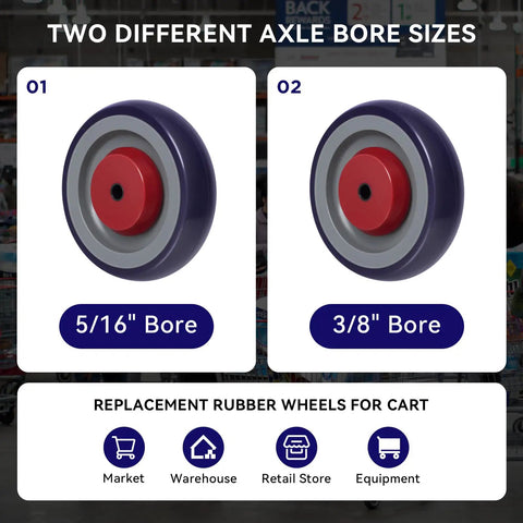 Smooth Rolling Five Inch Cart Wheels Replacement Kit Contains Five Sixteen Inch Axle Silent Rubber Caster Treads Built Tough To Crush Daily Hauls Effortless Glide On Busy Supermarket Floors Rock Solid Reliable Setup - Two rubber wheels with 5/16" and 3/8" bore sizes.