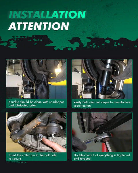 SCITOO 2pc front sway bar end links kit installation steps: knuckle clean, torque verify, cotter pin insert, tighten.