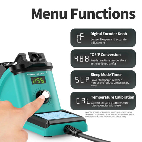 Soldering Iron Station Kit With 60W Soldering Iron, PID Temperature Control shown with digital encoder knob and menu features