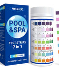 7 In 1 Pool Test Strips 150 Count Hot Tub And Spa Water Tester showing test strip bottle and color chart for easy use.