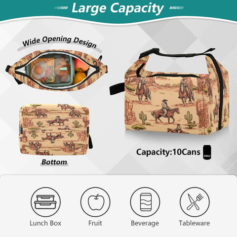 Cowboy Themed Lunch Bag Insulated Tote With Big Capacity For Work, Picnics, And Camping, showing interior and exterior design