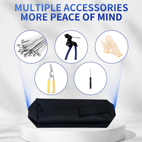 Heavy Duty Stainless Steel Cable Tie Gun Kit With 100 Self Locking Zip Ties, Metal Tie Wrap Gun, and accessories on display