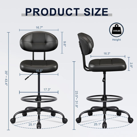 Diagram showing dimensions of Ergonomic Drafting Chair With Footrest Ring For Standing Desk Setups, faux leather, black.