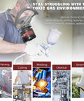 Person wearing Full Face Gas Mask With Activated Carbon Filters For Gases And Organic Vapors And Chemicals Reusable Silicone Respirator Mask For Spray Painting Sanding Industry Work Heavy Duty Pro Grade Comfort All Day Fit With Adjustable Head Straps while spray painting.