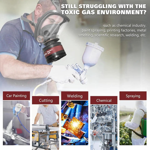 Person wearing Full Face Gas Mask With Activated Carbon Filters For Gases And Organic Vapors And Chemicals Reusable Silicone Respirator Mask For Spray Painting Sanding Industry Work Heavy Duty Pro Grade Comfort All Day Fit With Adjustable Head Straps while spray painting.
