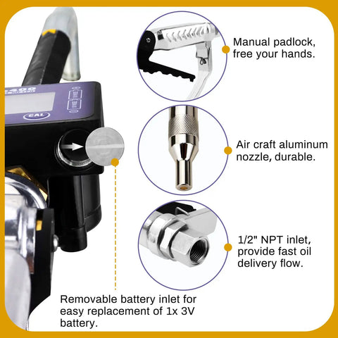 Pro Grade Digital Oil Control Valve Meter Nozzle For Pneumatic Oil Gun details with aluminum nozzle, manual padlock, and NPT inlet
