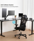 Game Changer Electric Lift L Shaped Standing Desk 88 Inch Wide showing anti-collision feature and dual monitor setup.