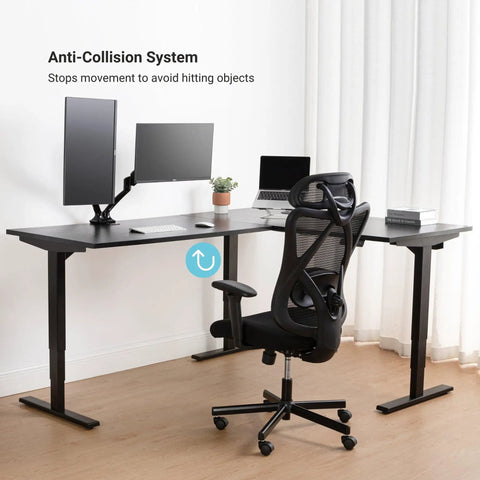Hella Roomy Electric Height Adjustable Standing Desk L Shaped Corner Computer Workstation 83x55 Inches, with dual monitors, anti-collision system.