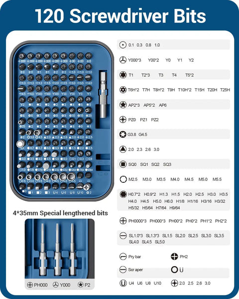 120 bits from All In One 130 In 1 Pro Grade Magnetic Screwdriver Set With 120 Bits And Tweezers for computers, Xbox, phones, laptops.