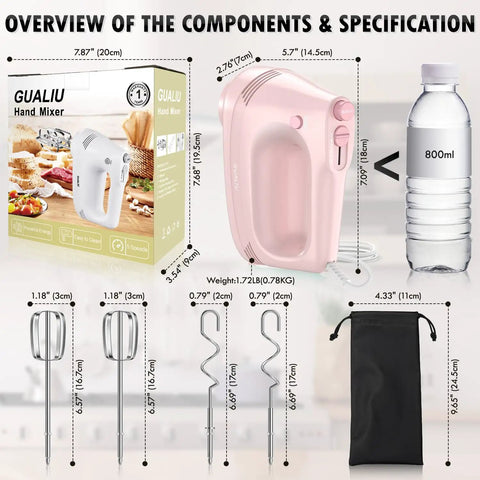 Pink Electric Hand Mixer With Turbo Boost and Five Adjustable Speeds features steel beaters, compact pouch, and specs overview.