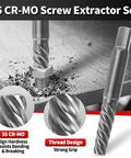 Get That Screw Out Now With This 15 Piece Stripped Screw Extractor Set Featuring Easy Out Broken Bolt Removers And Left Hand Drill Bits For Tricky Fasteners. 35 CR-MO extractor bit close-up
