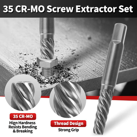 Get That Screw Out Now With This 15 Piece Stripped Screw Extractor Set Featuring Easy Out Broken Bolt Removers And Left Hand Drill Bits For Tricky Fasteners. 35 CR-MO extractor bit close-up