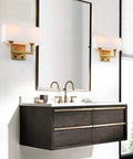 Antique Finish Wall Sconce Lights Set Of Two With White Textile Shades And On Off Switch in modern bathroom setting