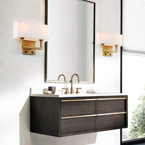 Antique Finish Wall Sconce Lights Set Of Two With White Textile Shades And On Off Switch in modern bathroom setting