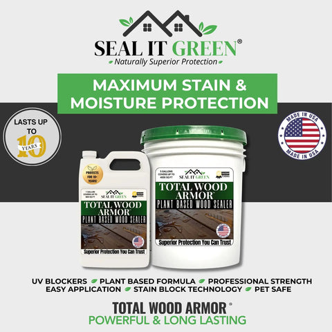 All In One Plant Based Wood Sealer And Stain For Outdoor Decks Fences And Furniture No Mess Easy To Use Deep Penetrating Waterproof Sealant With Deep Fiber Protection Clear Finish That Keeps Natural Tone 1 Gallon beside a smaller bottle, labeled Total Wood Armor by Seal It Green, promoting stain and moisture protection.