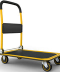 Heavy Duty Foldable Push Cart Dolly With 660 Lb Capacity And Upgraded Collapsible Hand Truck Folding Platform in bright yellow with swivel wheels.