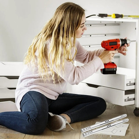 Person installing 17mm Wide Two Way Drawer Slide Rail 342mm Length, Cabinet Miniature Steel Ball Bearing Slides, in furniture unit.