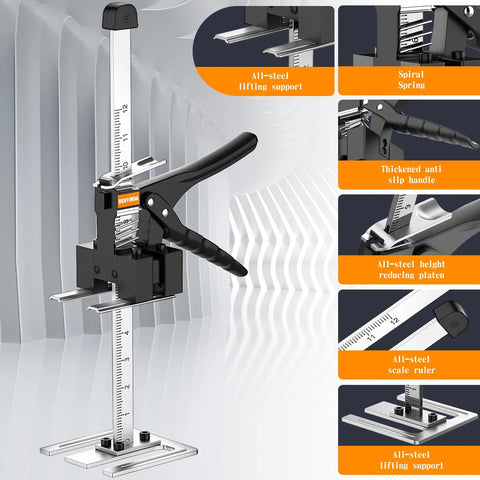 Renyinda labor-saving arm jack, front view; all-steel construction with scale, 10-inch lift, 300 lb capacity