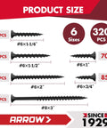 Drywall Screws Assortment Kit, 320 Piece Black Coated Wood Screws Set In Sizes Six And Eight, Phillips Size Two Bugle Head, Coarse Thread