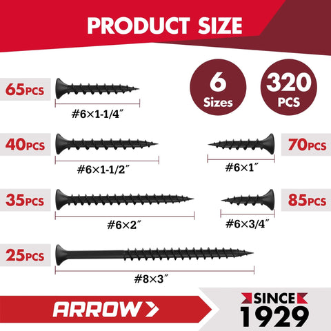 Drywall Screws Assortment Kit, 320 Piece Black Coated Wood Screws Set In Sizes Six And Eight, Phillips Size Two Bugle Head, Coarse Thread