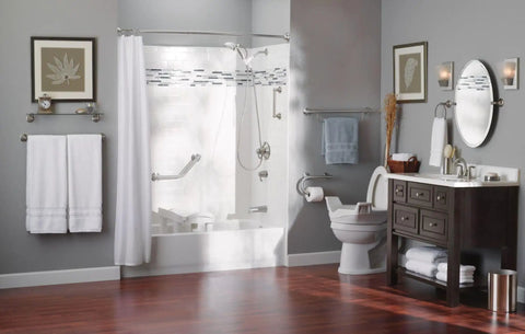 Modern bathroom featuring 24 Inch Bathroom Grab Bar With Towel Bar In Brushed Nickel, shower and towel rail visible for accessibility.