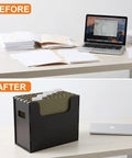 Before and after: desktop with organized Desktop Hanging File Organizer Box With Five Army Green Hanging File Folders Letter Size