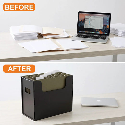 Before and after: desktop with organized Desktop Hanging File Organizer Box With Five Army Green Hanging File Folders Letter Size
