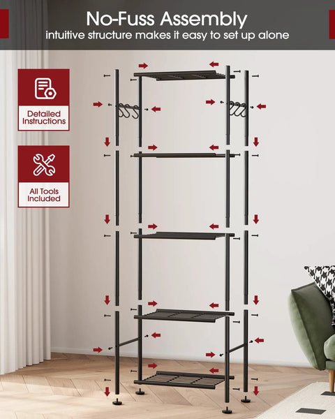Heavy Duty 5 Tier Storage Shelves With Hooks For Garage And Home Large Capacity Metal Rack With Leveling Feet Wobble Free